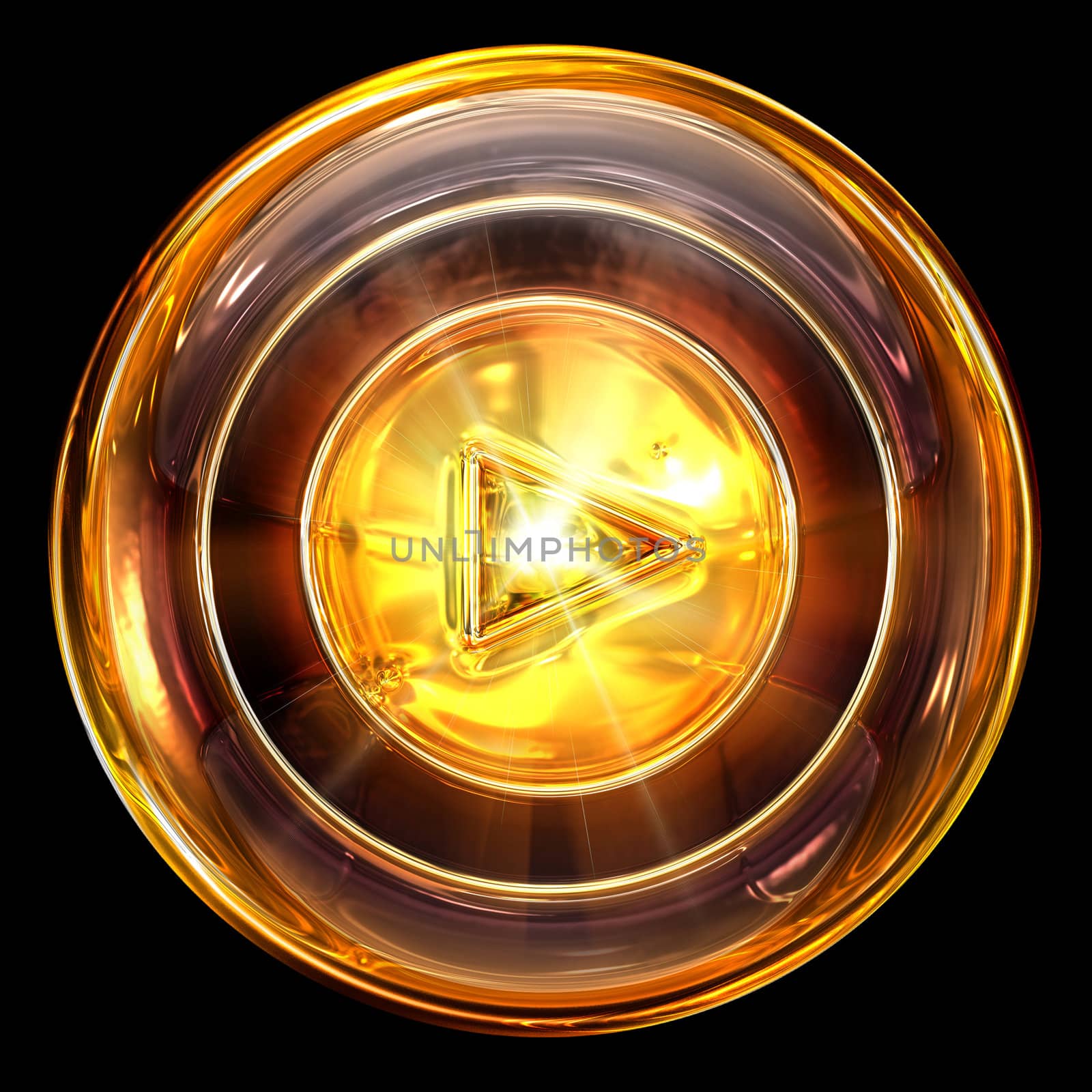 Play icon golden, isolated on black background