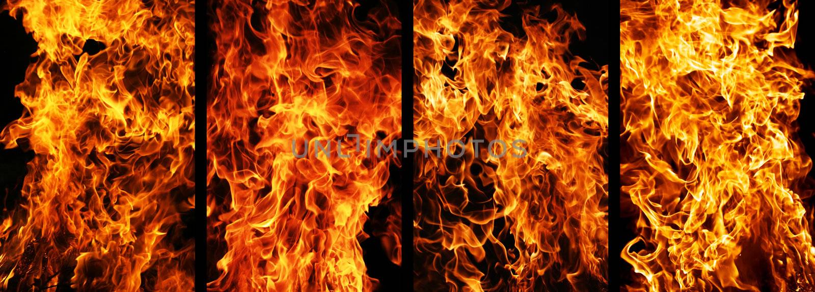 Four types of fire burning on black background