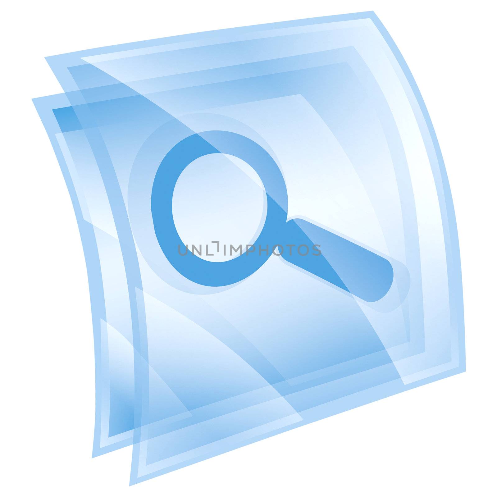 magnifier icon blue square, isolated on white background.