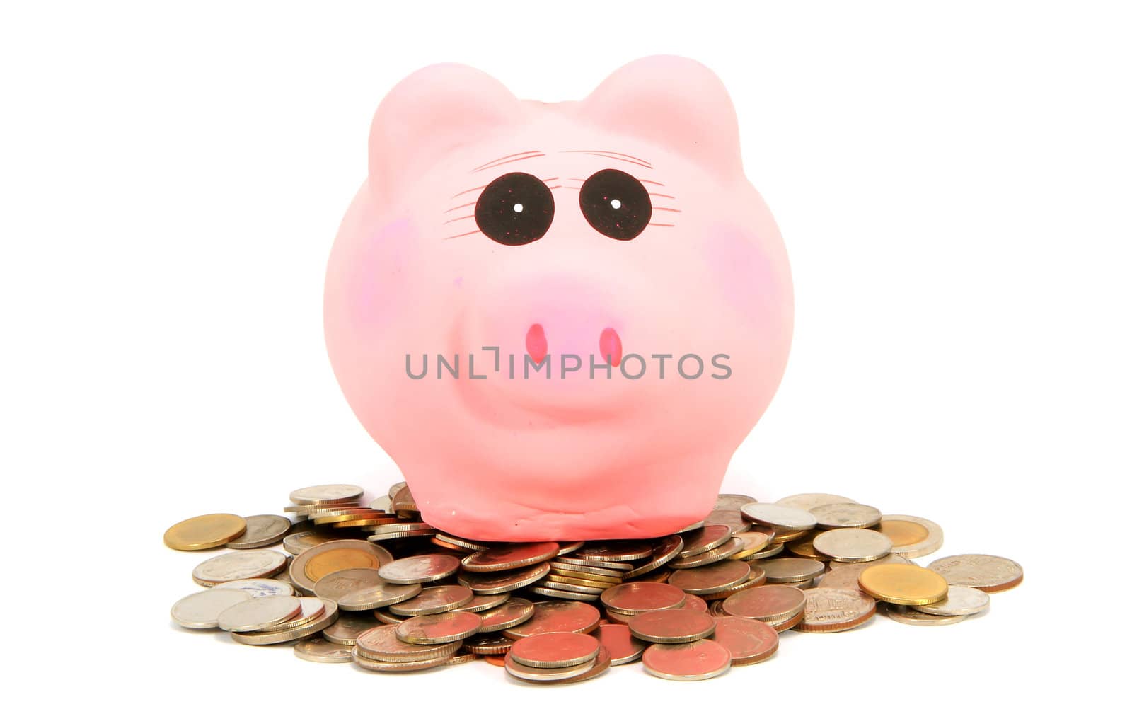 Pink Piggy Bank on isolated on white background with coins 
 by rufous