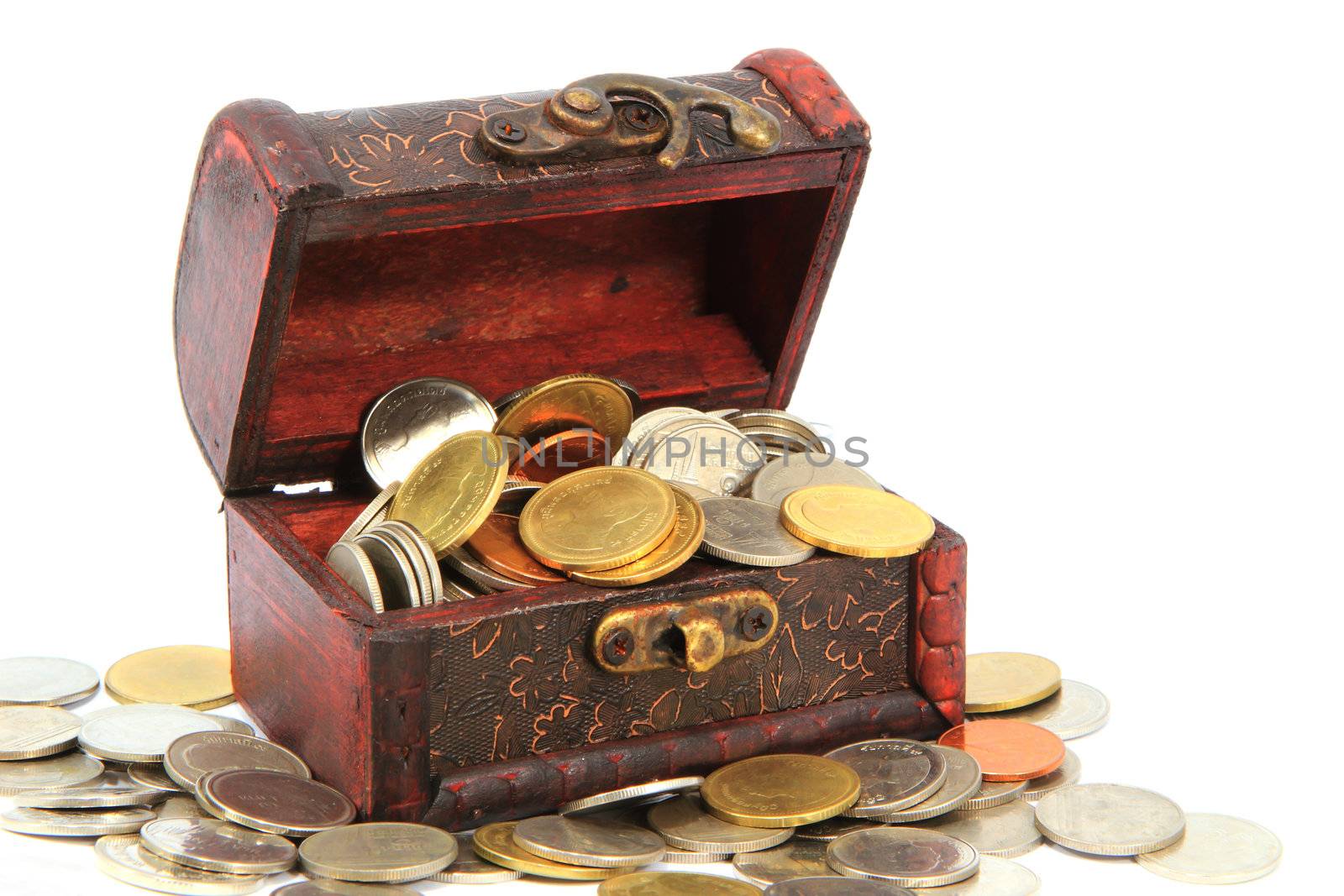 Wooden casket full of coins thai  isolated on white