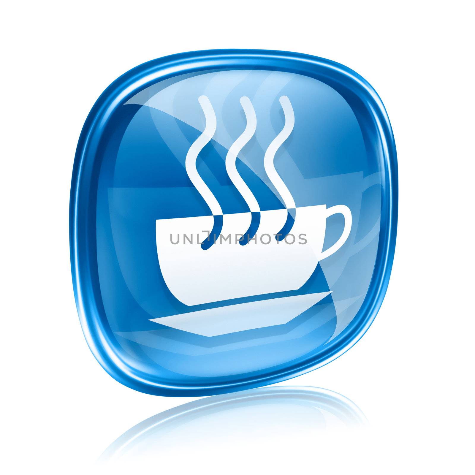 coffee cup icon blue glass, isolated on white background.