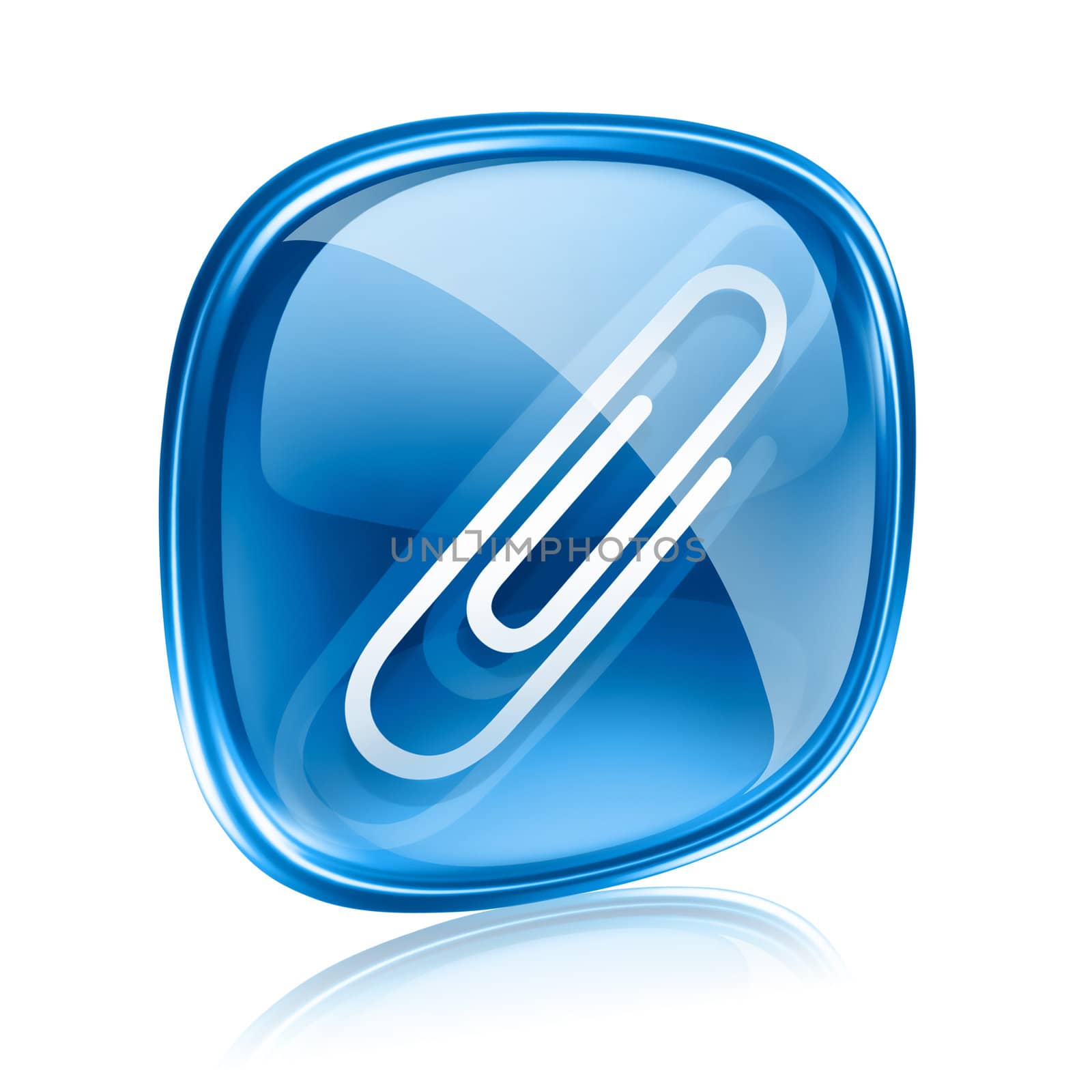 Paperclip icon blue glass, isolated on white background