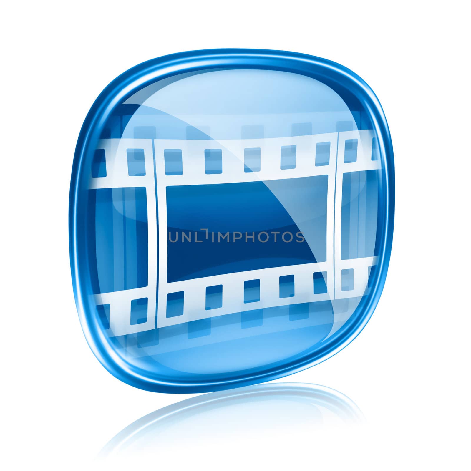 Film icon blue glass, isolated on white background.