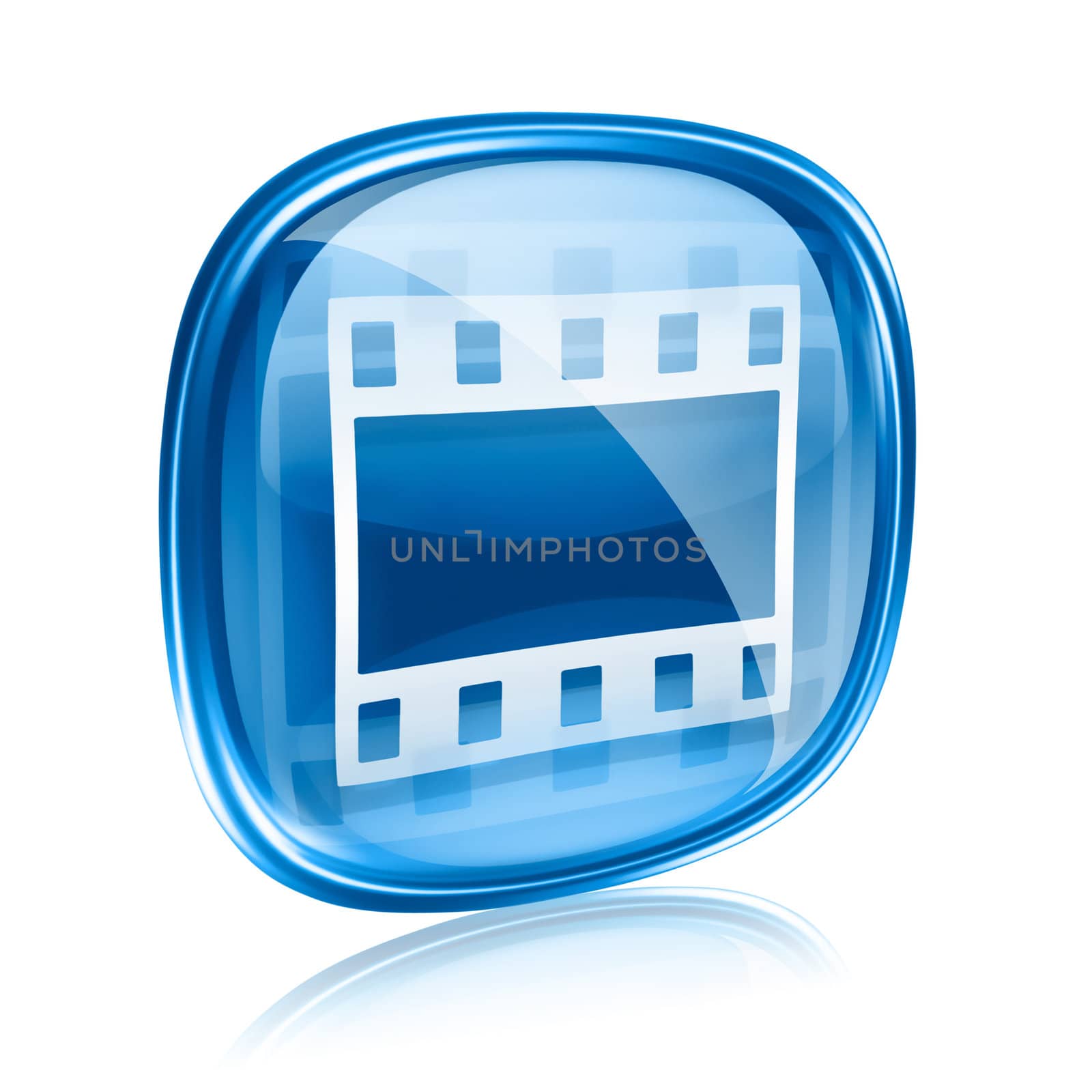 Film icon blue glass, isolated on white background.