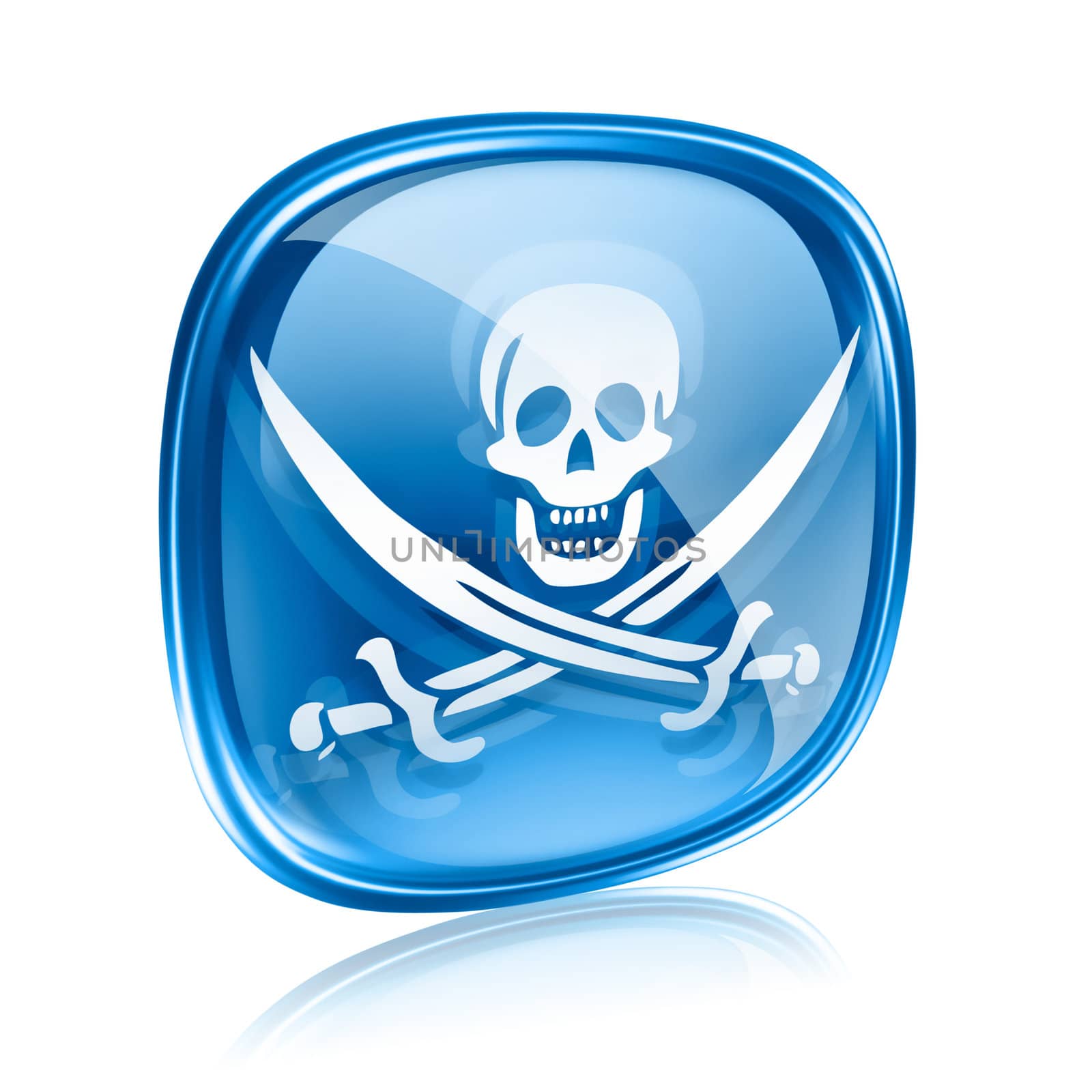 Pirate icon blue glass, isolated on white background.