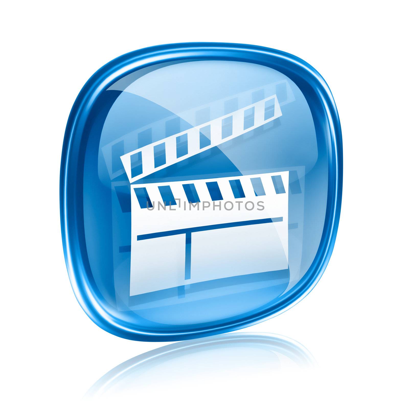 movie clapperboard icon blue glass, isolated on white background.