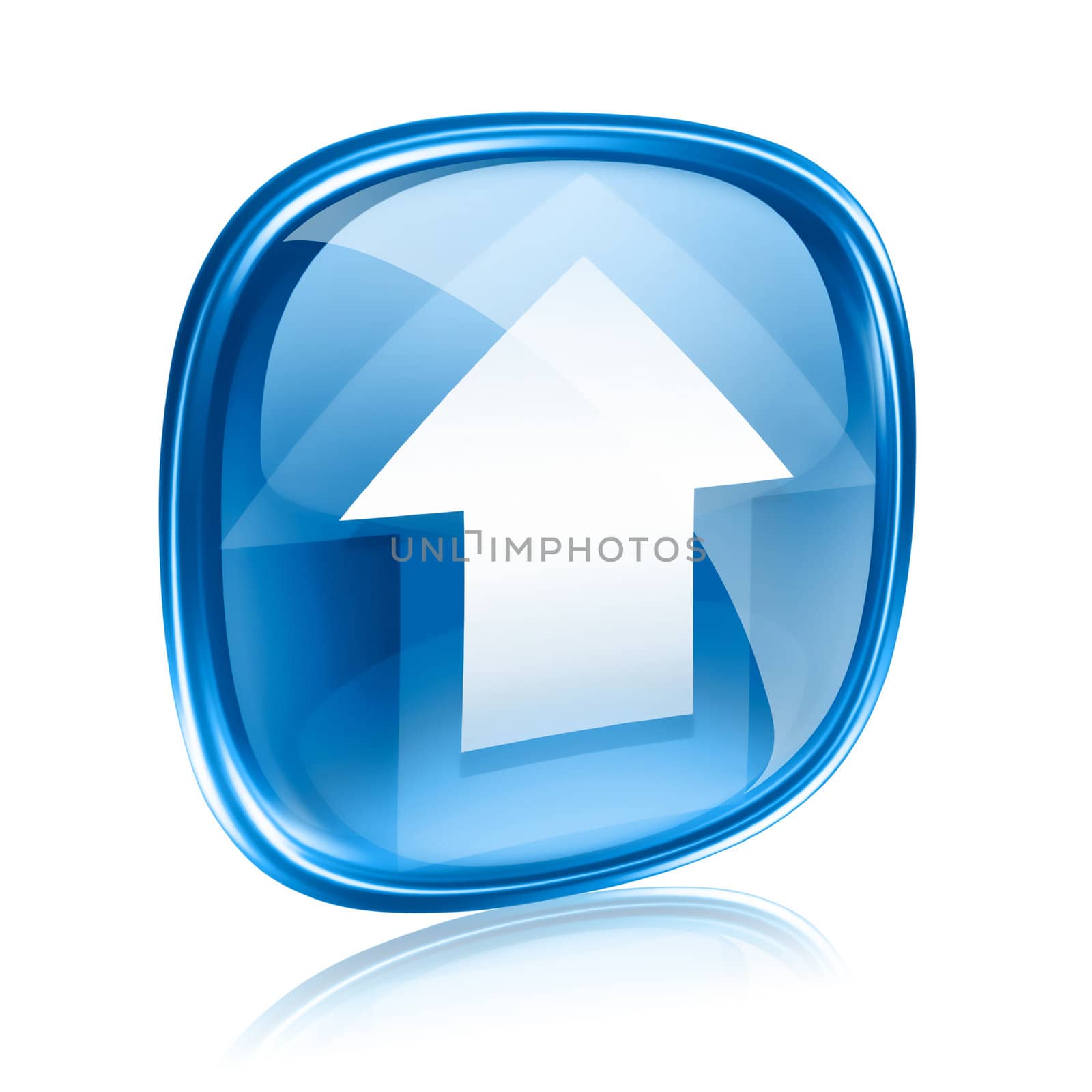 Upload icon blue glass, isolated on white background.