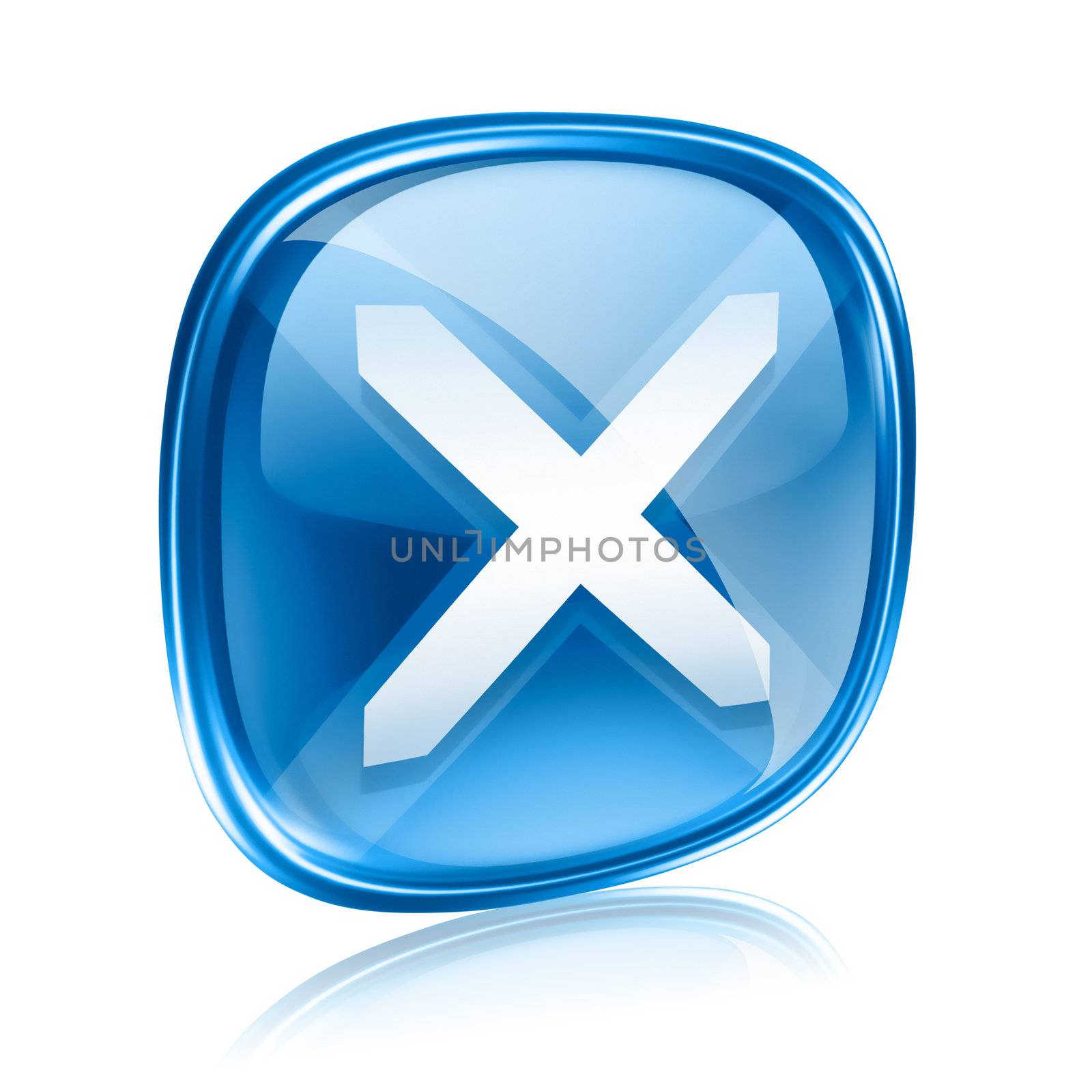 close icon blue glass, isolated on white background.