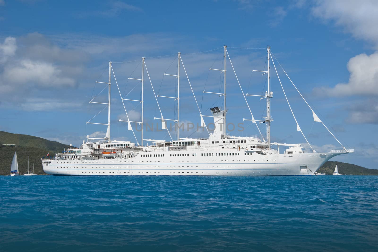 Large 5 masted sailing cruise ship at anchor