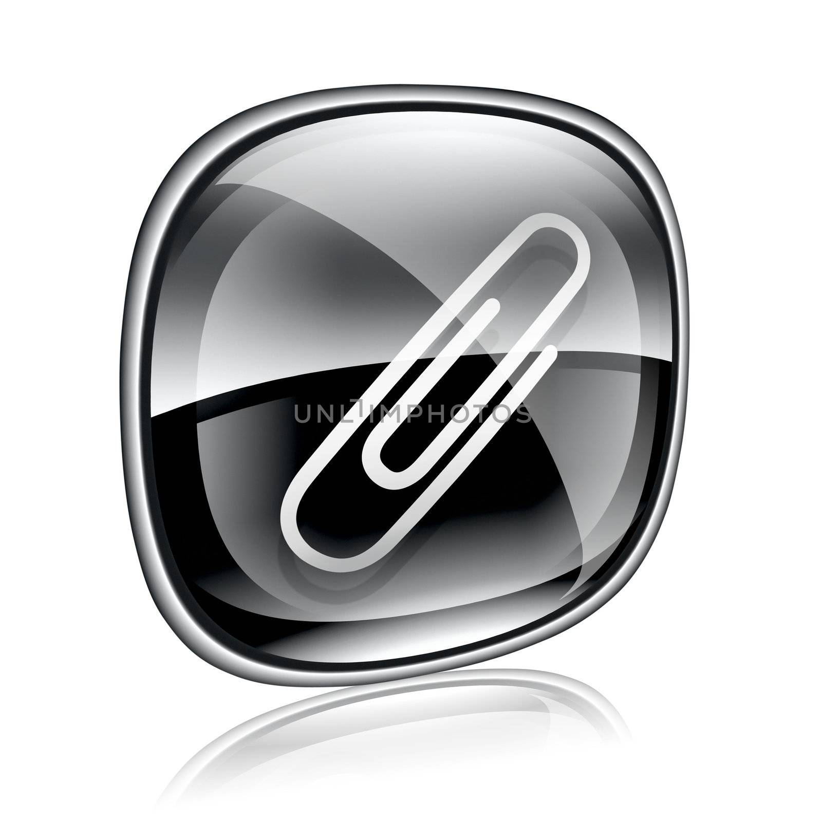 Paperclip icon black glass, isolated on white background