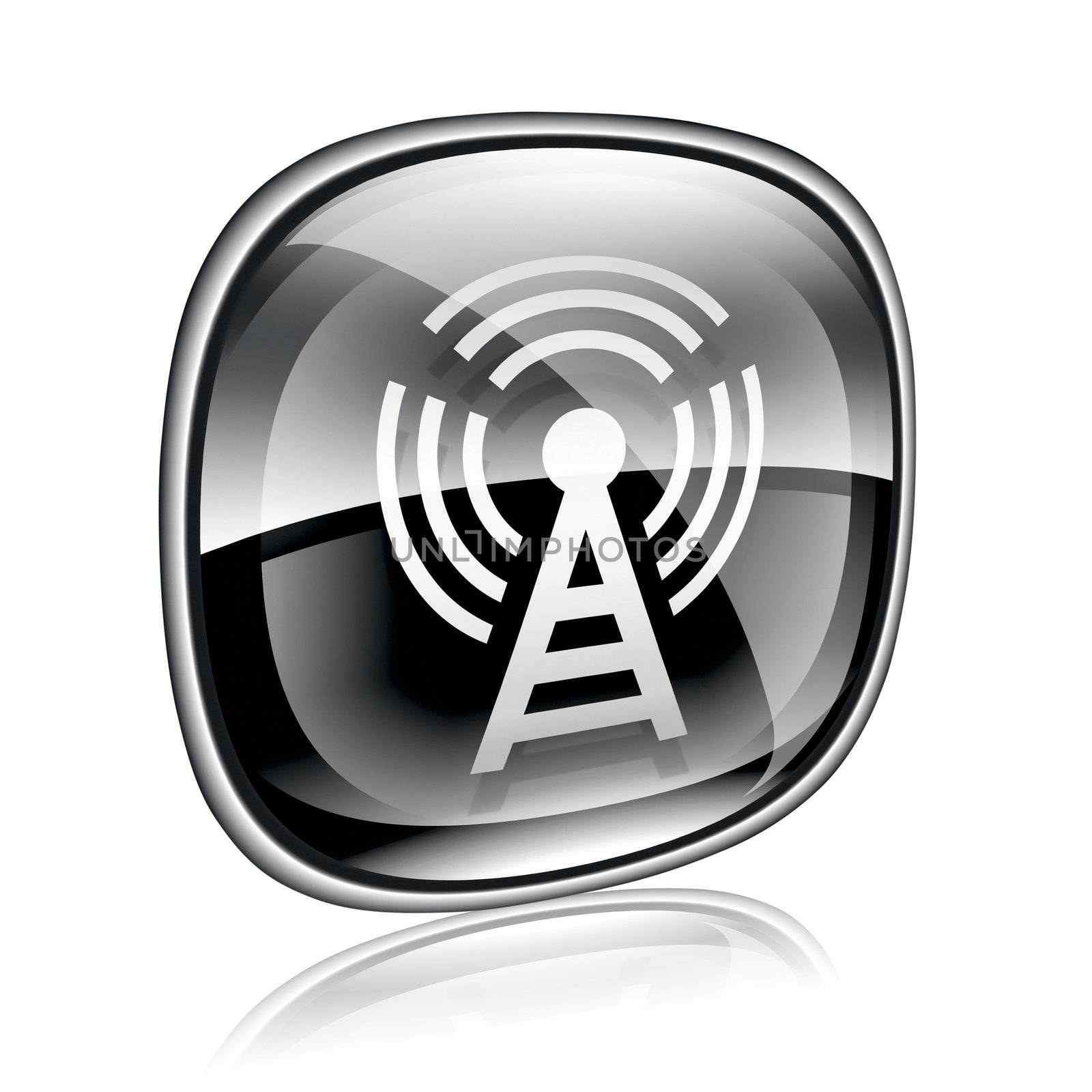 WI-FI tower icon black glass, isolated on white background