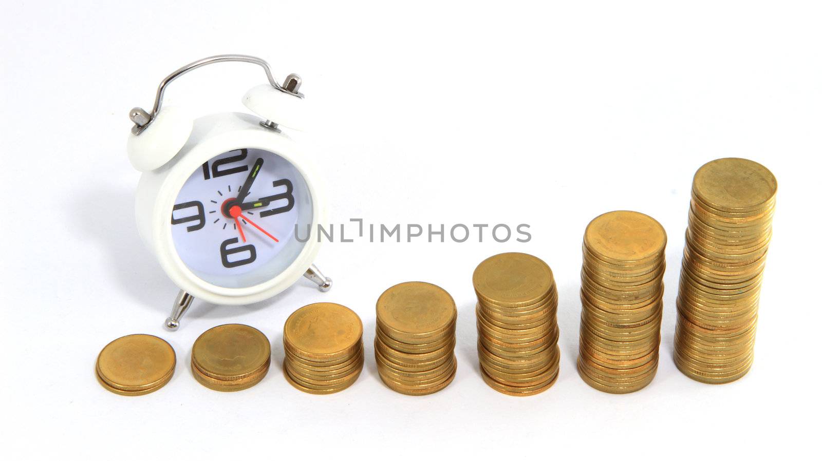 Alarm clock and money isolated on white by rufous