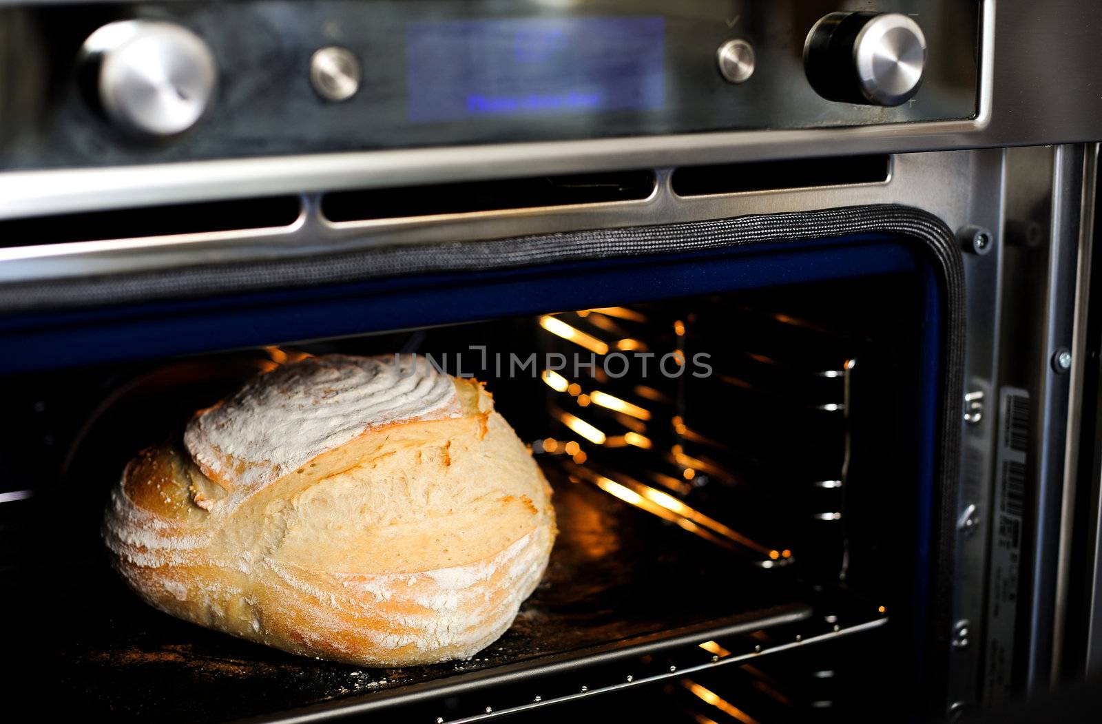 Closeup view of baked cake in the oven