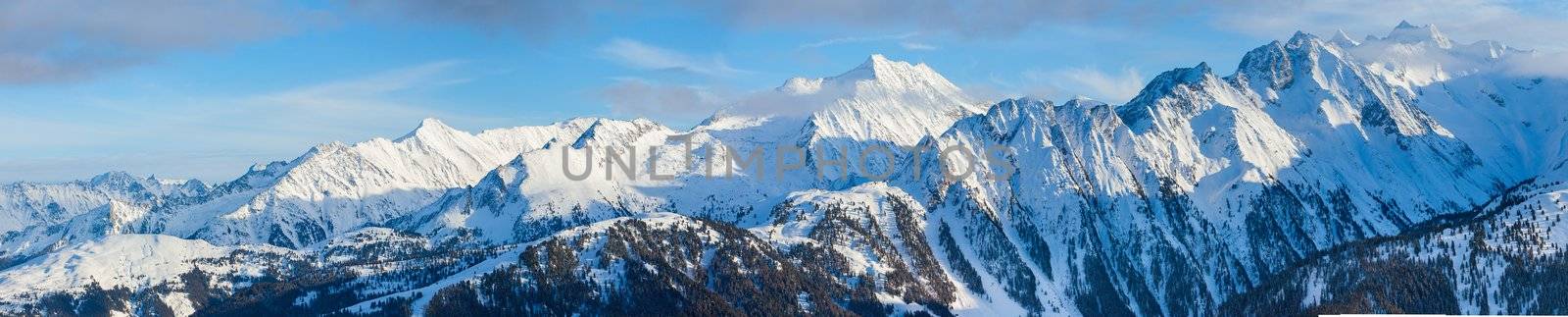 Panorama of the Alpine skiing resort in Austria Zillertal