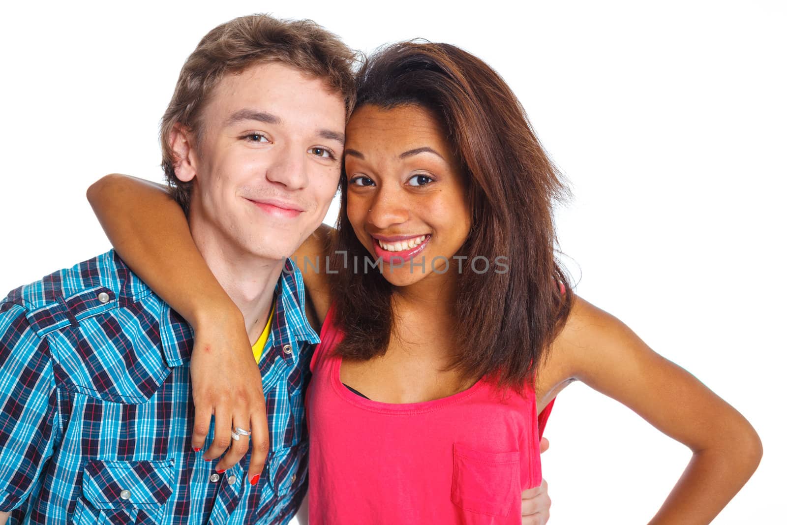 Smiling young man with pretty girlfriend. Isolated on white background.