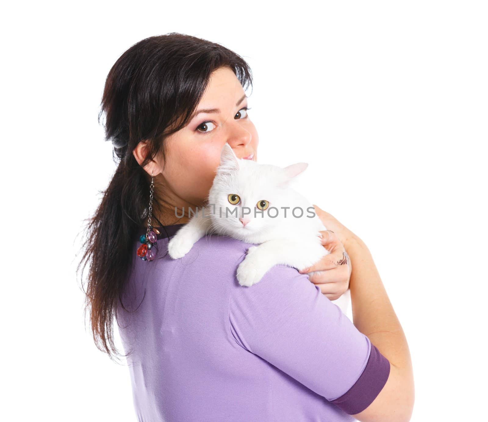 Young pretty woman hold her lovely white cat. Isolated on a white background