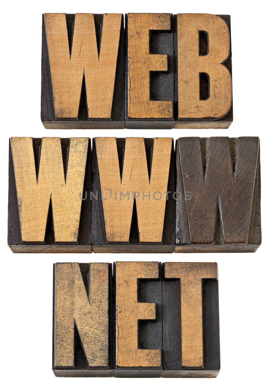 web, www, net  - internet concept - isolated text in vintage letterpress wood type