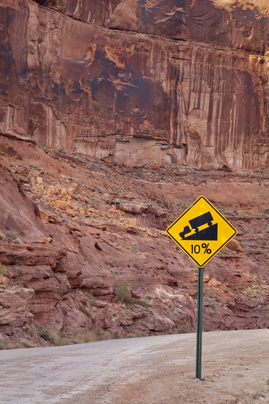 steep road with grade of 10 percent - a warning road sign in Canyonlands near Moab, Utah