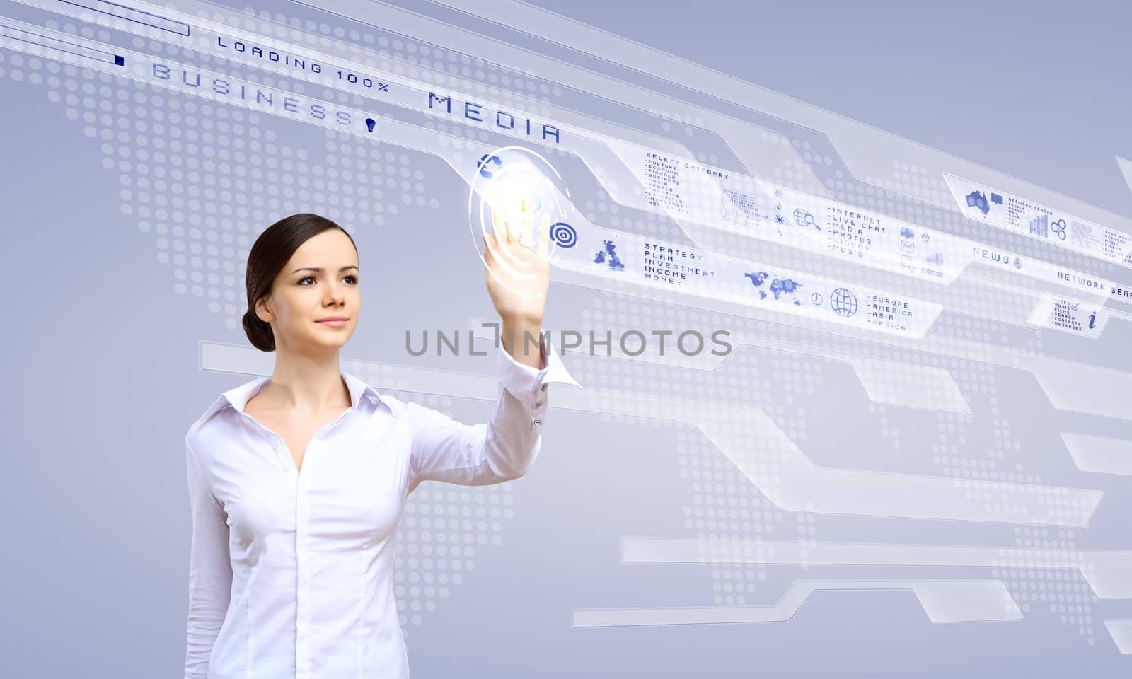 Young woman in business wear working with digital touch screen