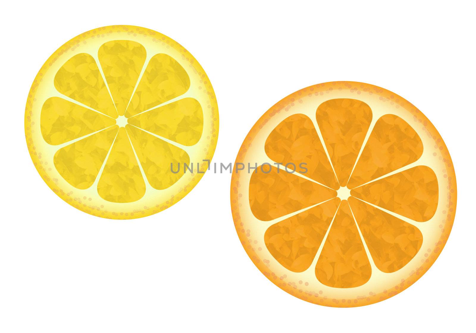 The orange and lemon is cut in half.