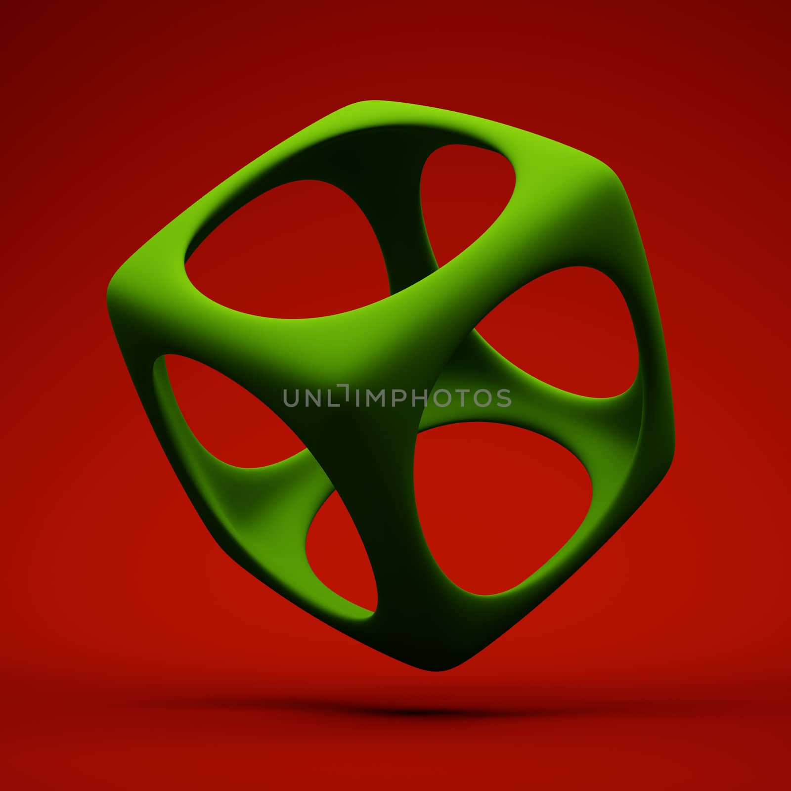 3d Illustration of Green Abstract Cube on Red