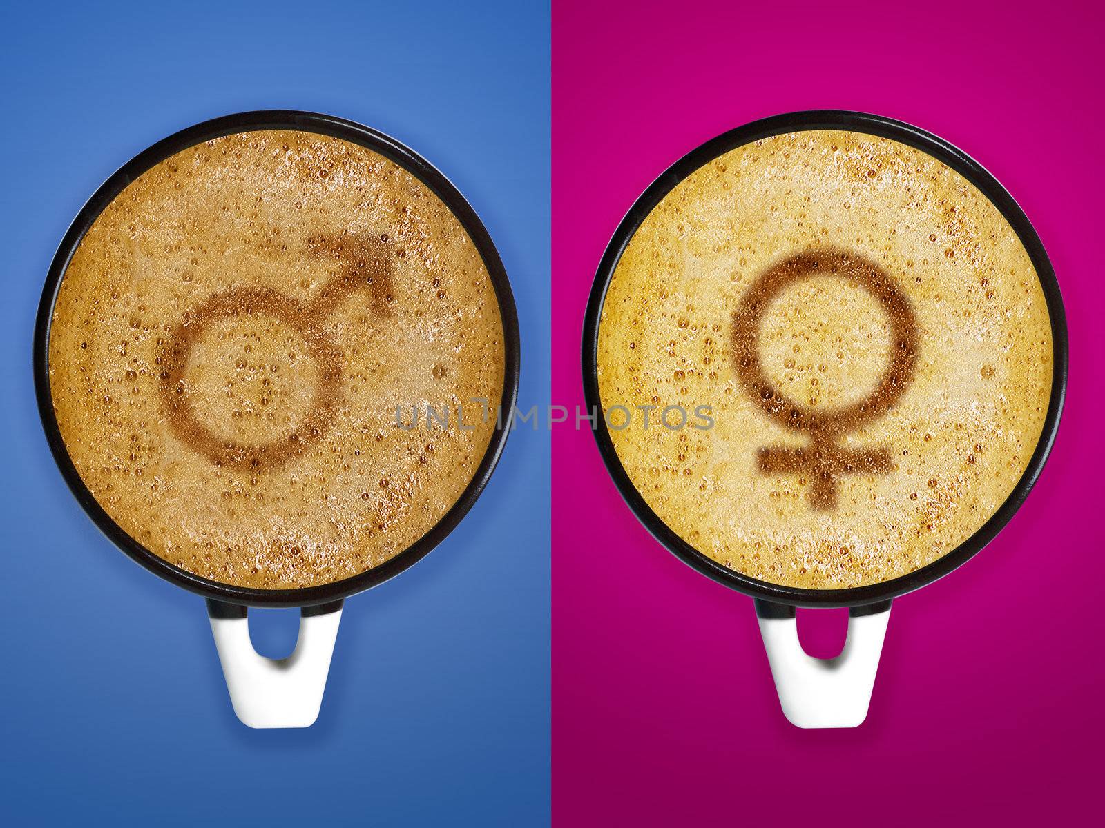 Valentine's Day, coffee art, A cup of cappuccino with male and female sign on pink and blue background.