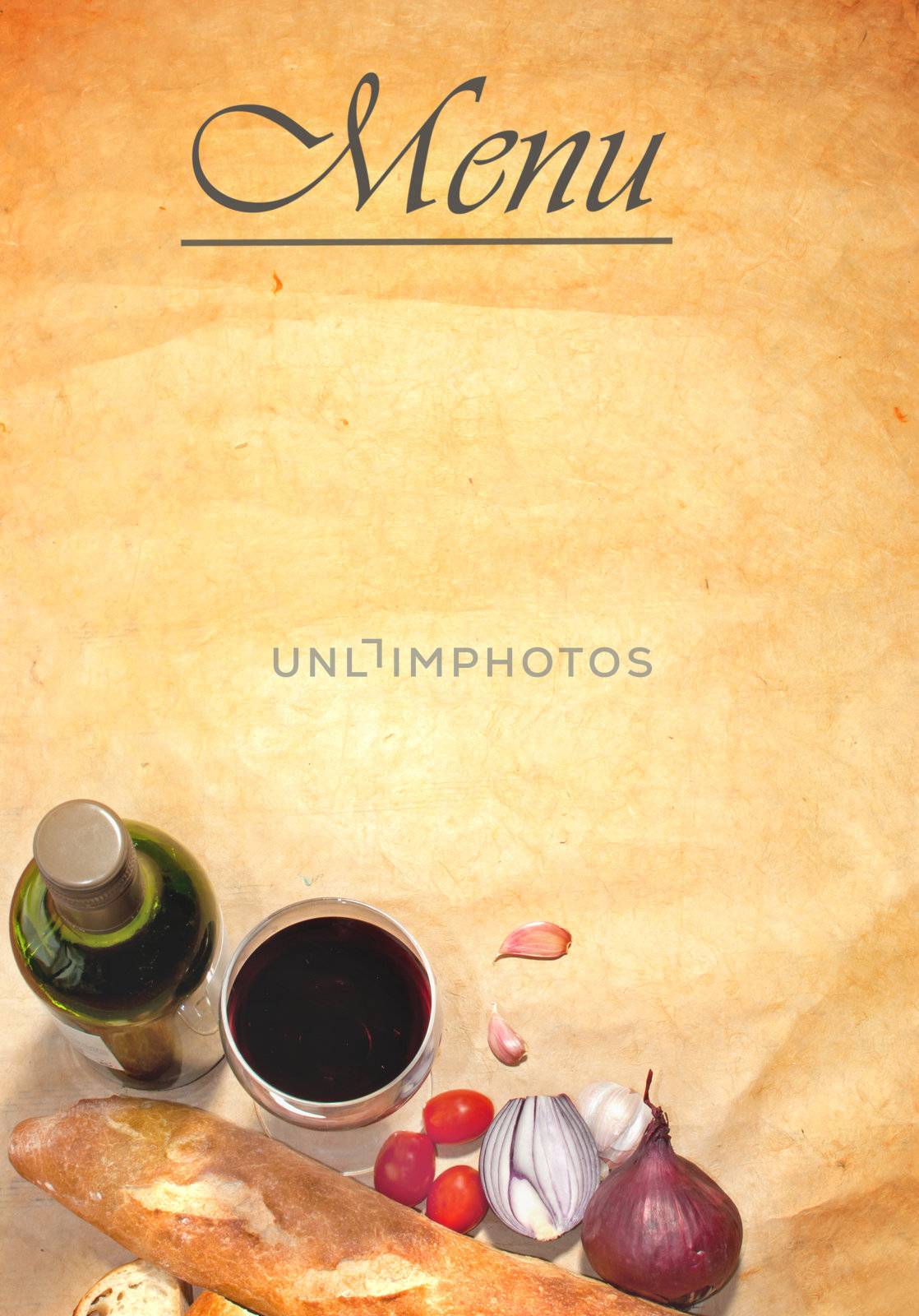 Menu background frame with basic ingredients including bread, onions and red wine