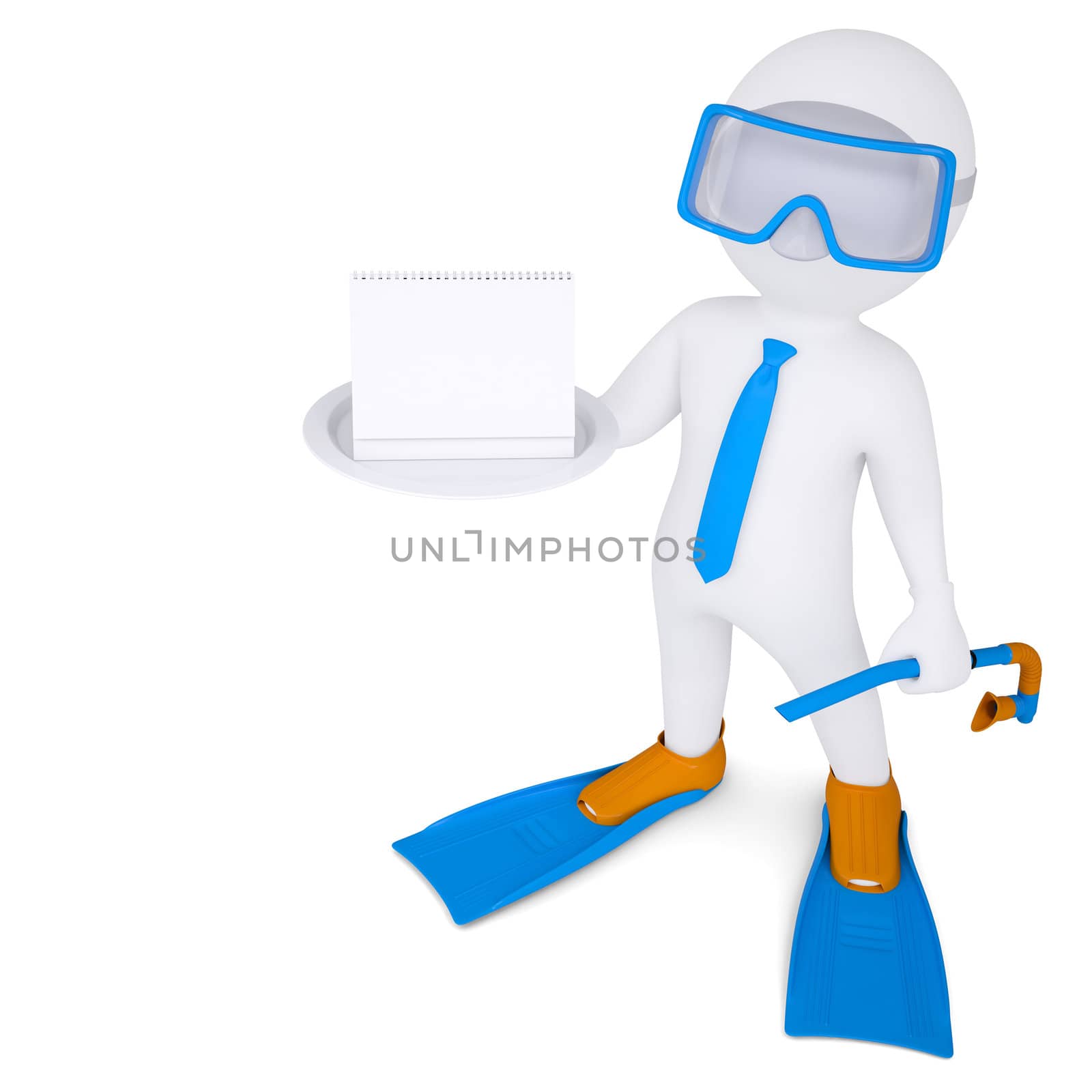 3d white man with flippers holds a calendar. Isolated render on a white background