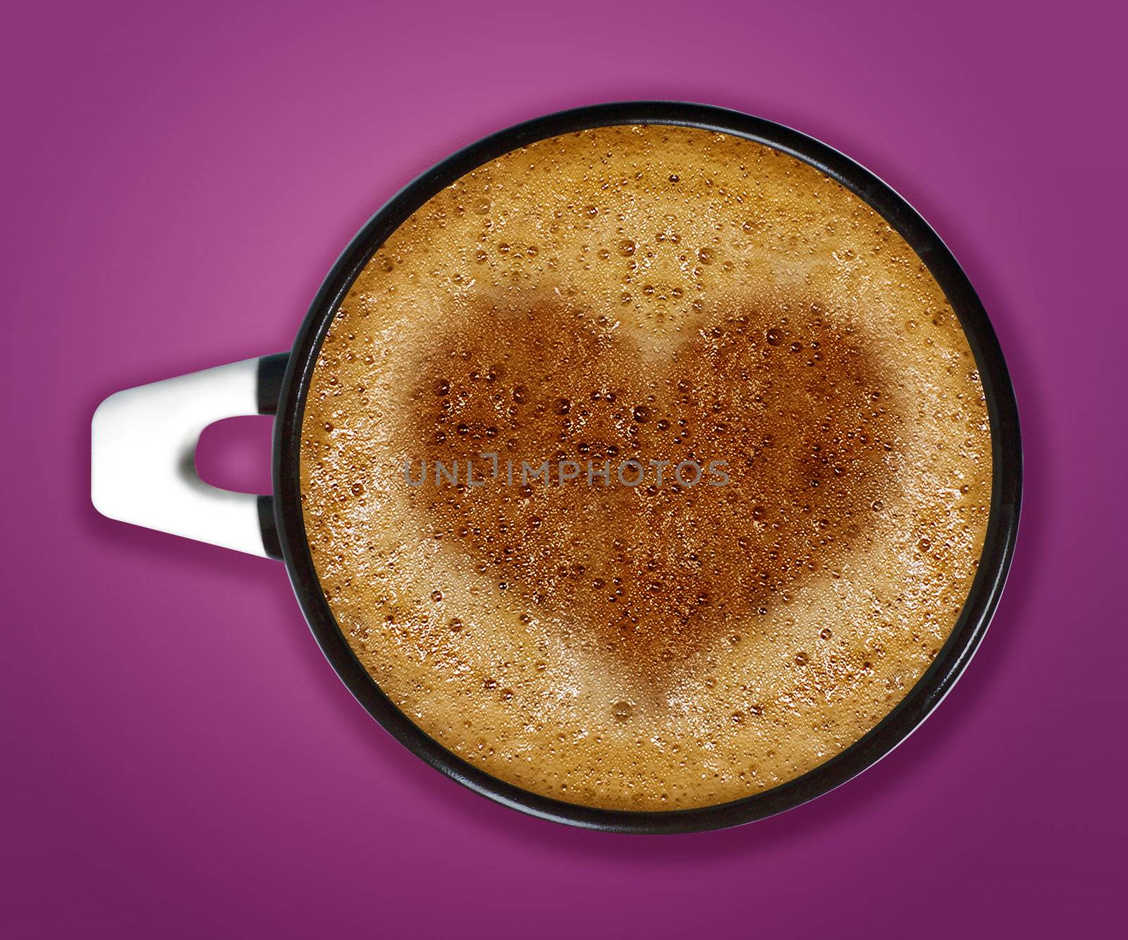 coffee art, A cup of cappuccino with Love heart pattern in a cup on purple background.