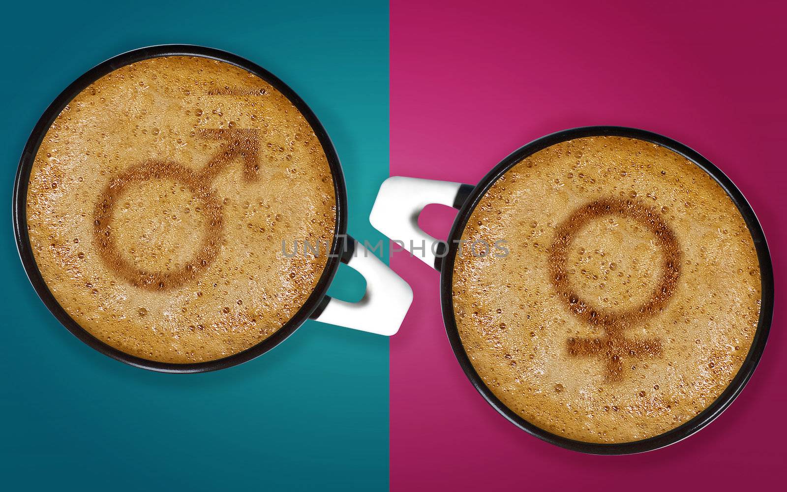 coffee art, A cup of cappuccino with male and female signs.