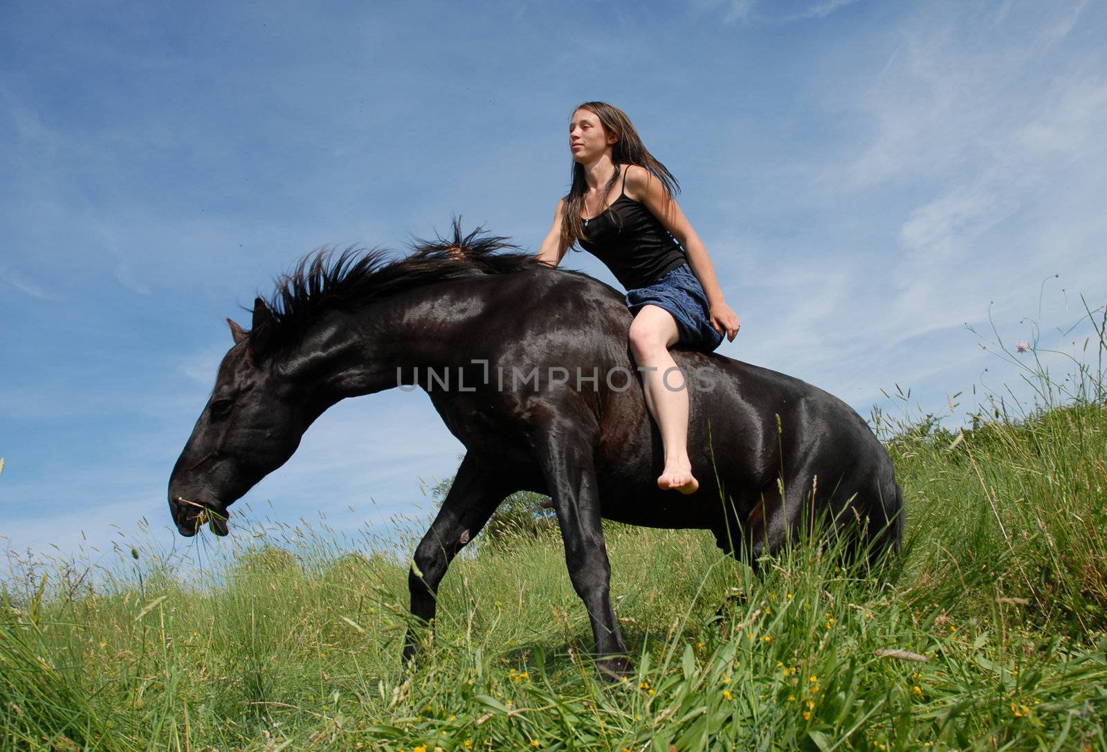 young woman and her black stallion in a field