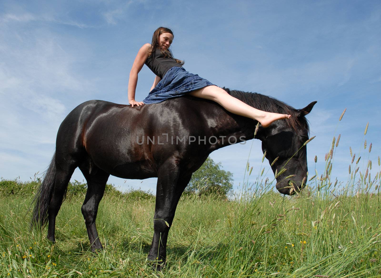 young woman and her black stallion in a field in spring