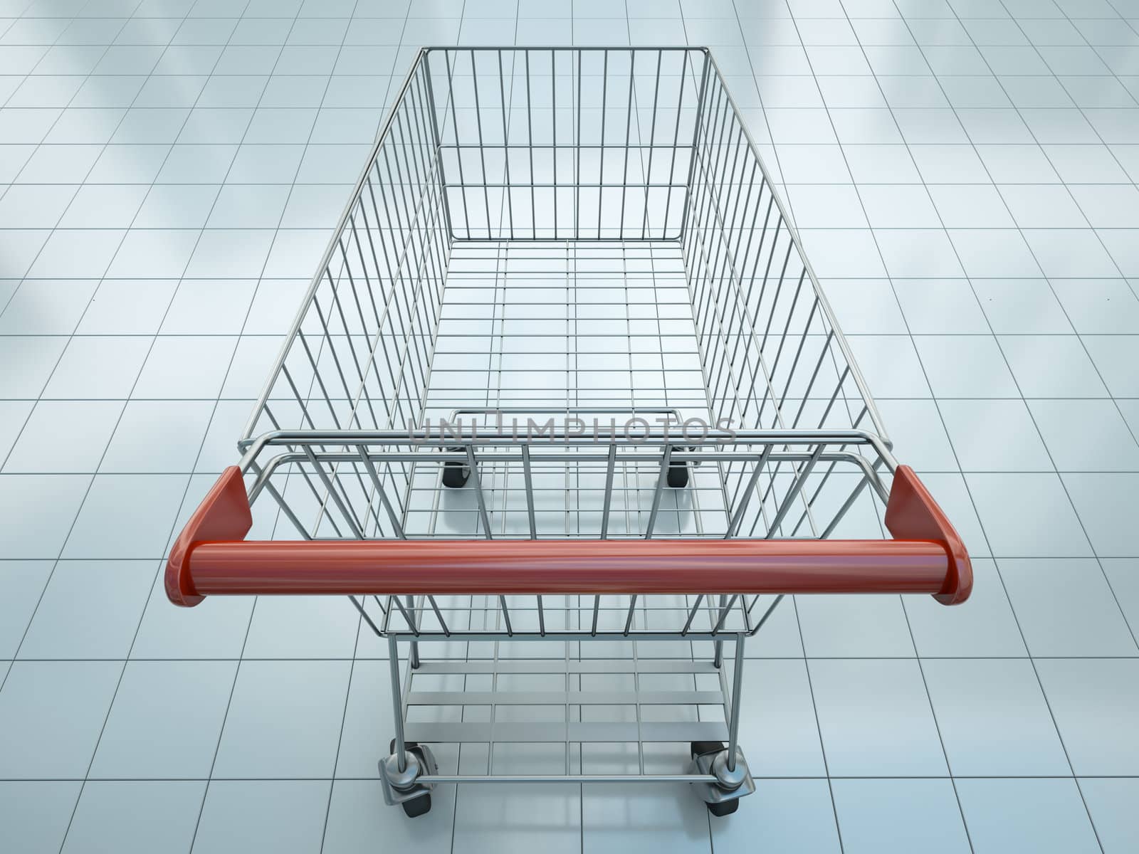 Empty shopping cart seen from shopper's perspective. 3D render.