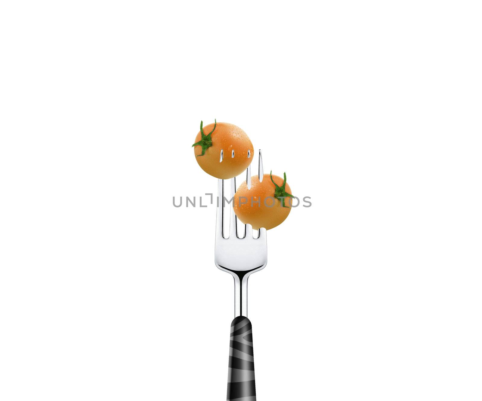 tomato pierced by fork, isolated on white background