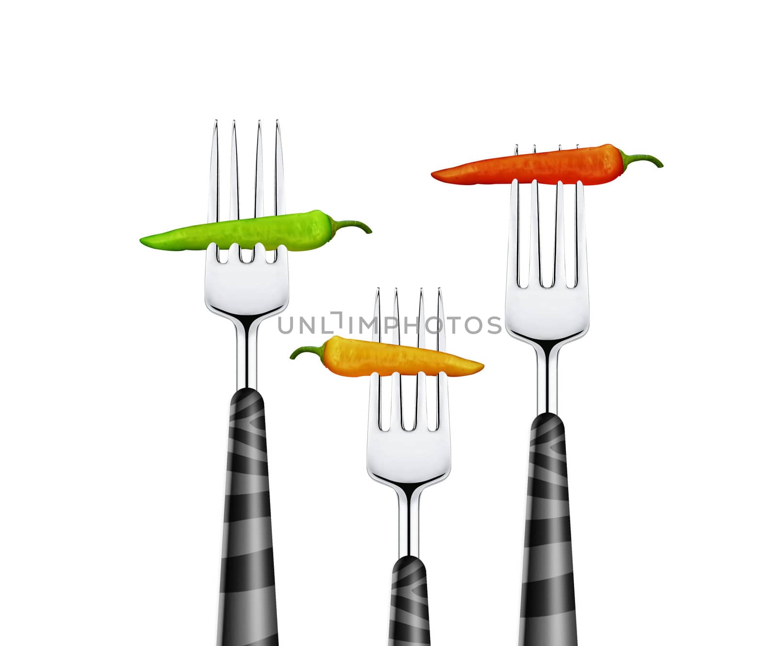 close up of Three chilies pierced by forks, isolated on white background