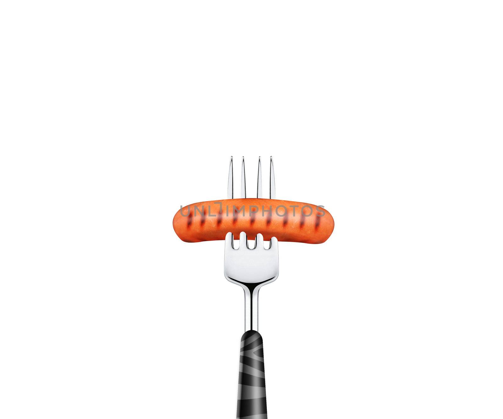 close up of hotdog pierced by fork, isolated on white background