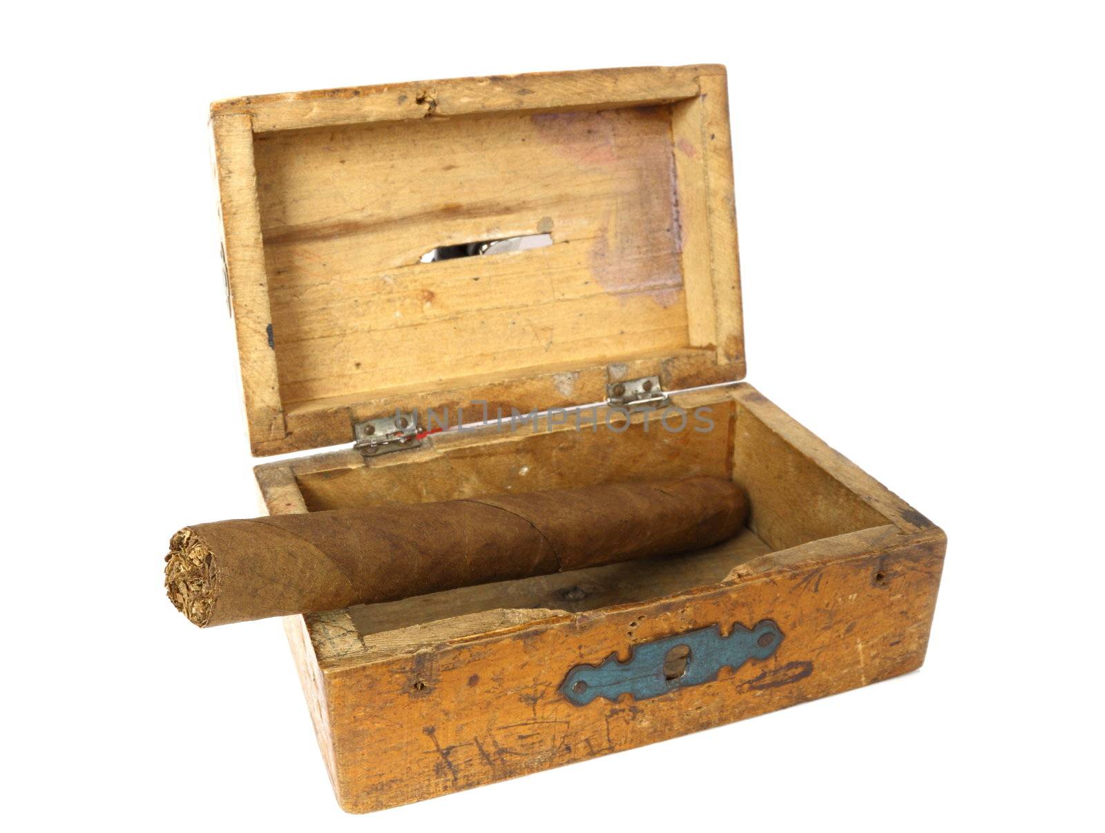 vintage box and cigar over white background
