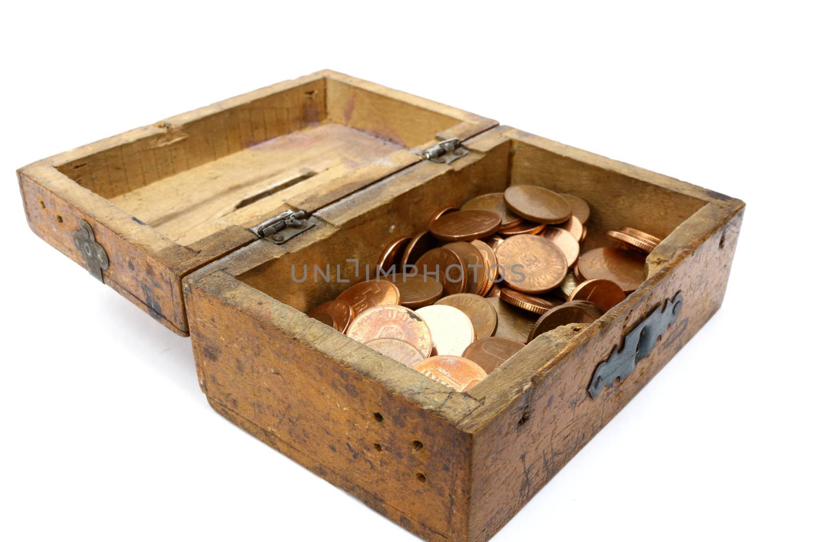 vintage wooden moneybox filled with romanian coins