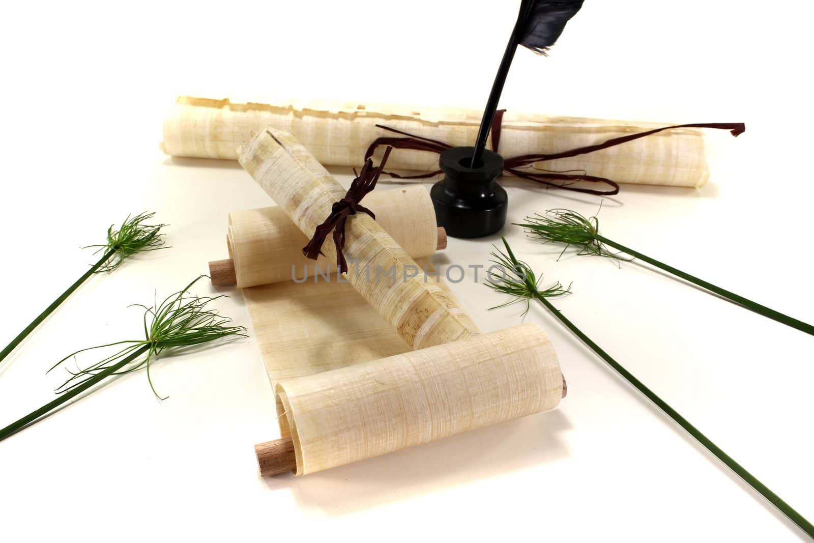 yellowed papyrus scrolls with quill, inkpot and papyrus on a light background