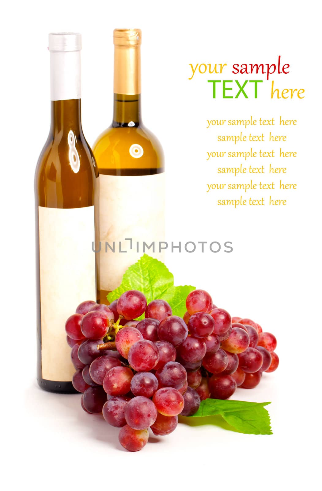 Wine bottle and red  grape with leaf,isolated on white background