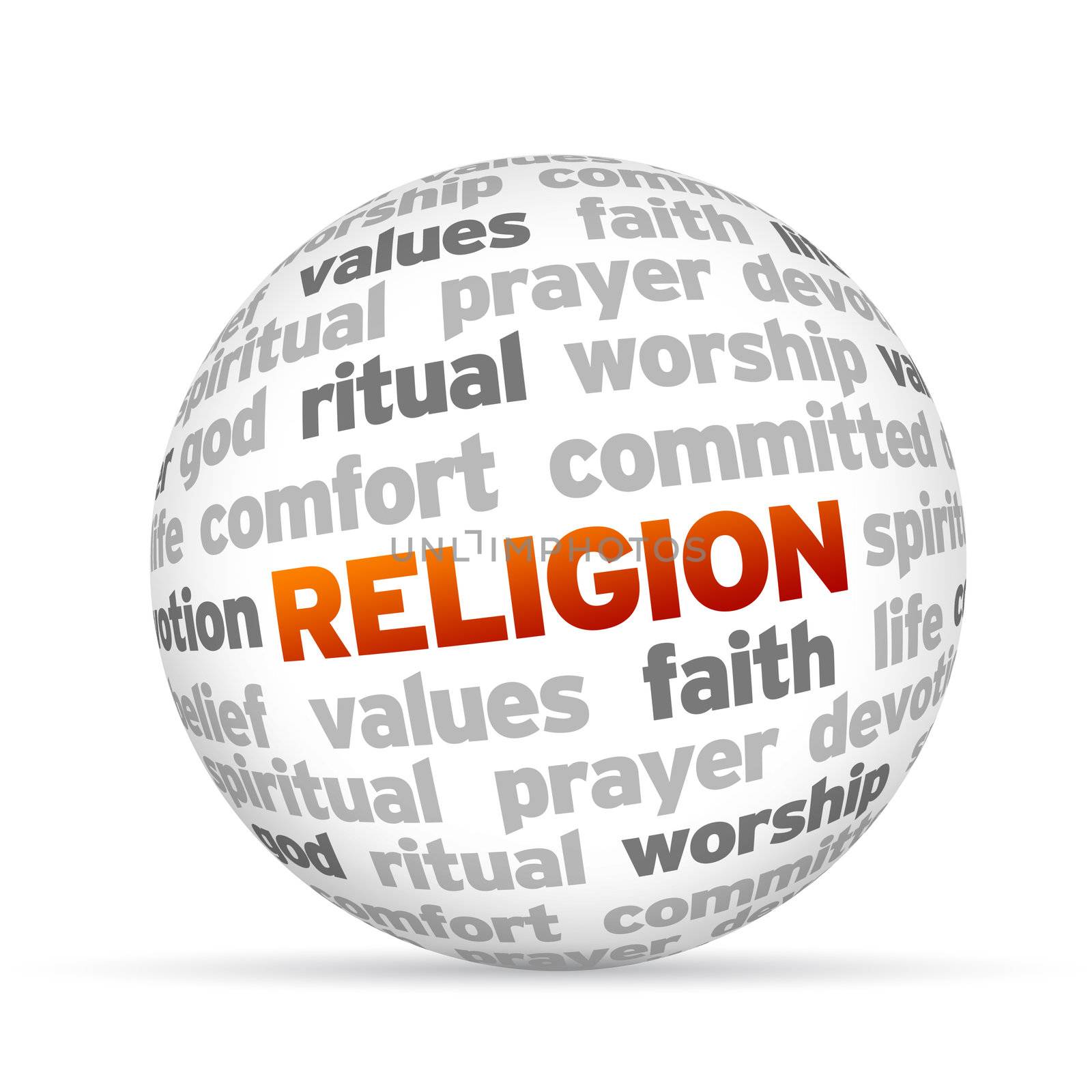3d Religion Word Sphere on white background.
