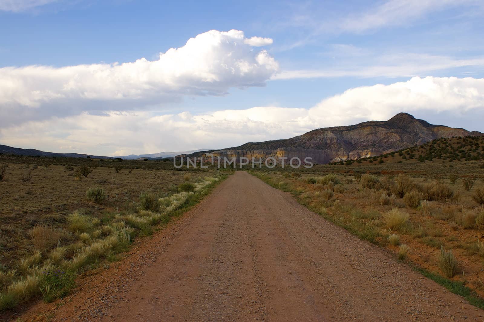 Endlessly long straight red dirt road heading towards mountains and a blue sky ahead with brush and desert plants either side - with copy space.