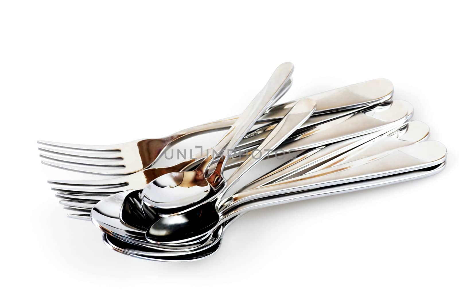 silvery forks and spoons on a white background by Serp