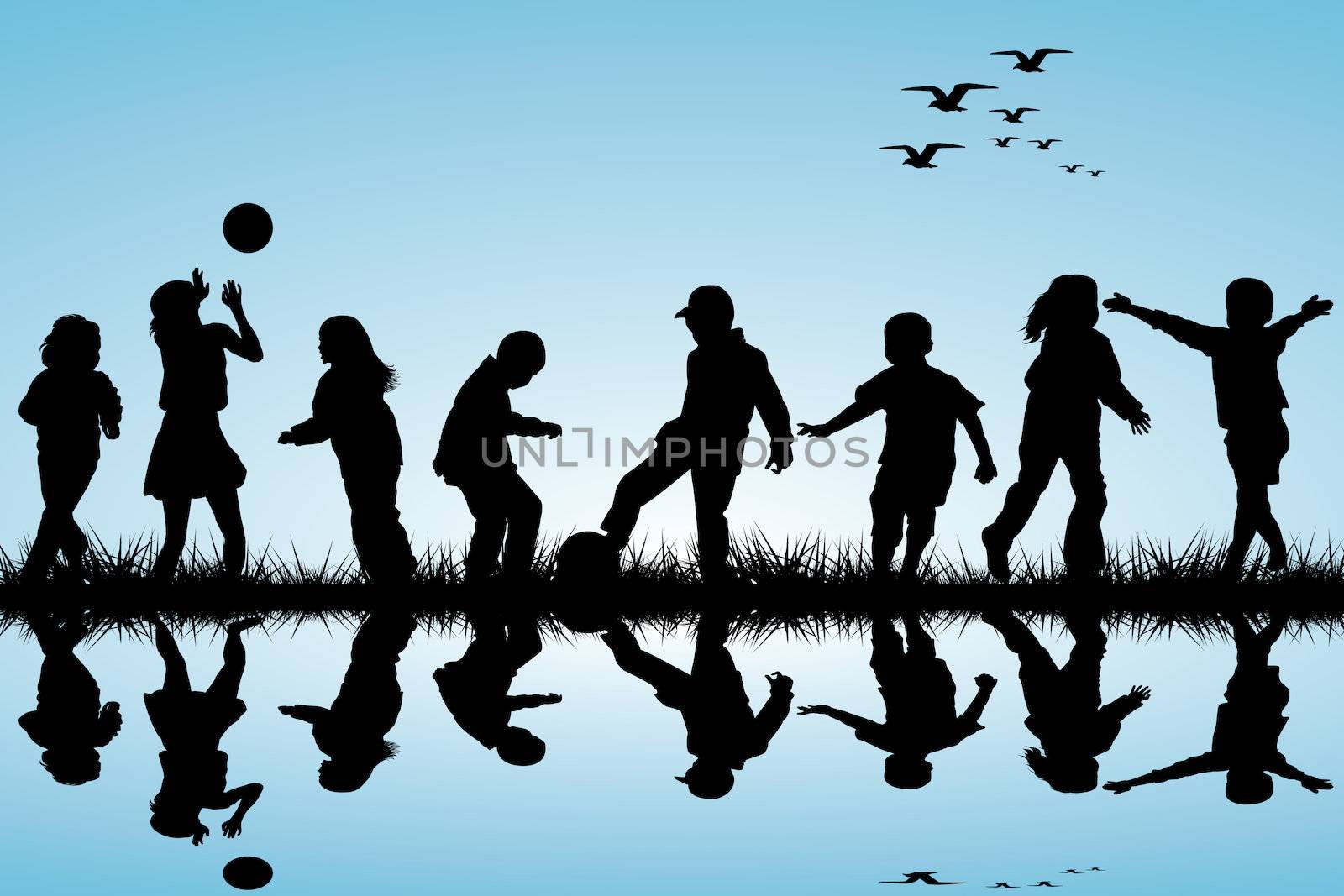 Silhouettes of children playing near a water