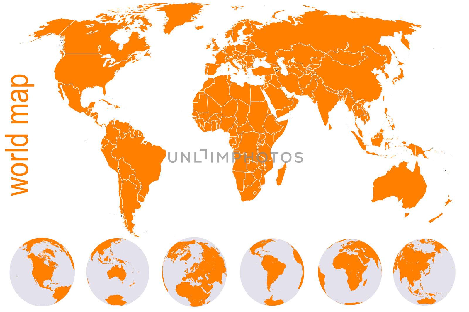 Orange detailed world map with Earth globes