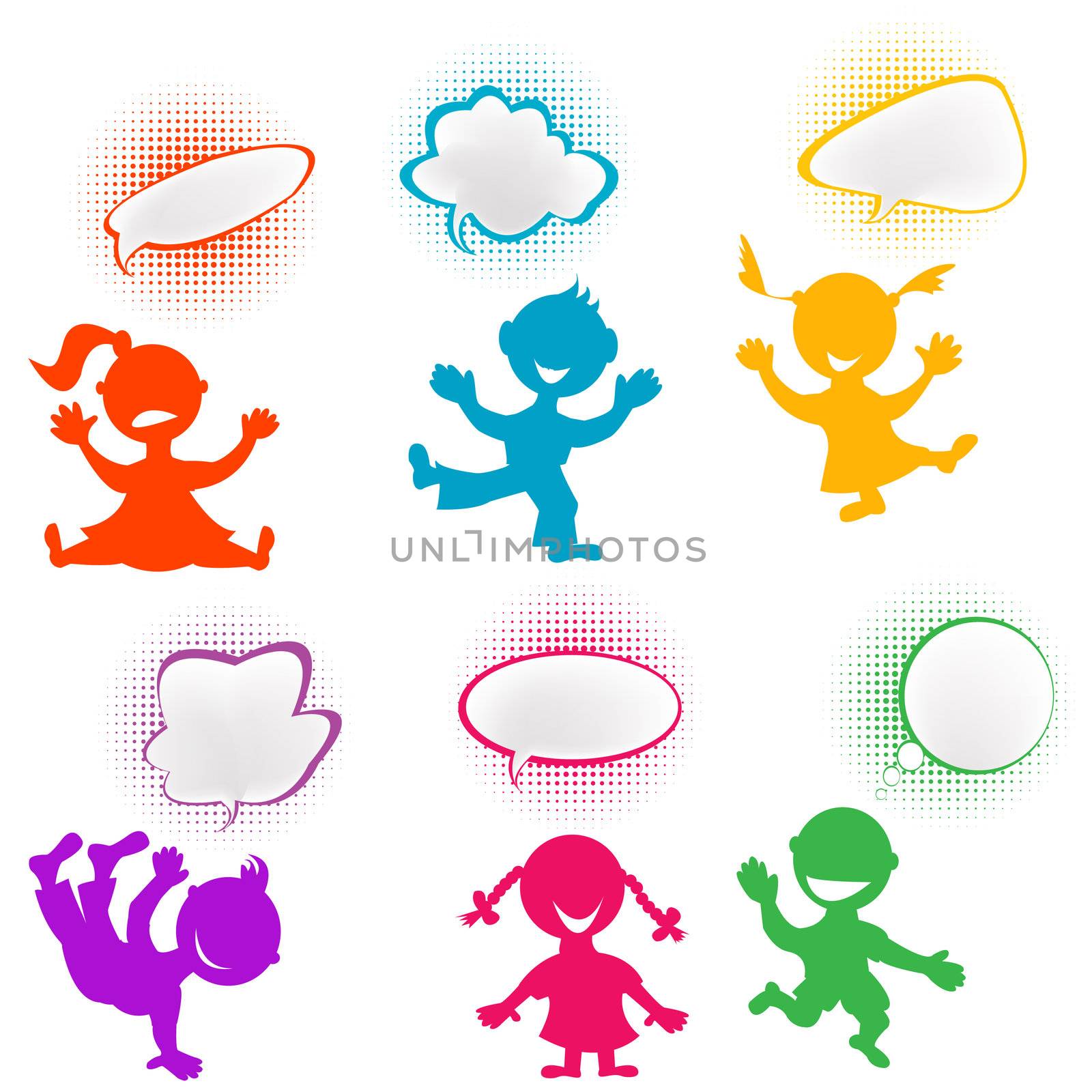 Playful children silhouettes with chat bubbles