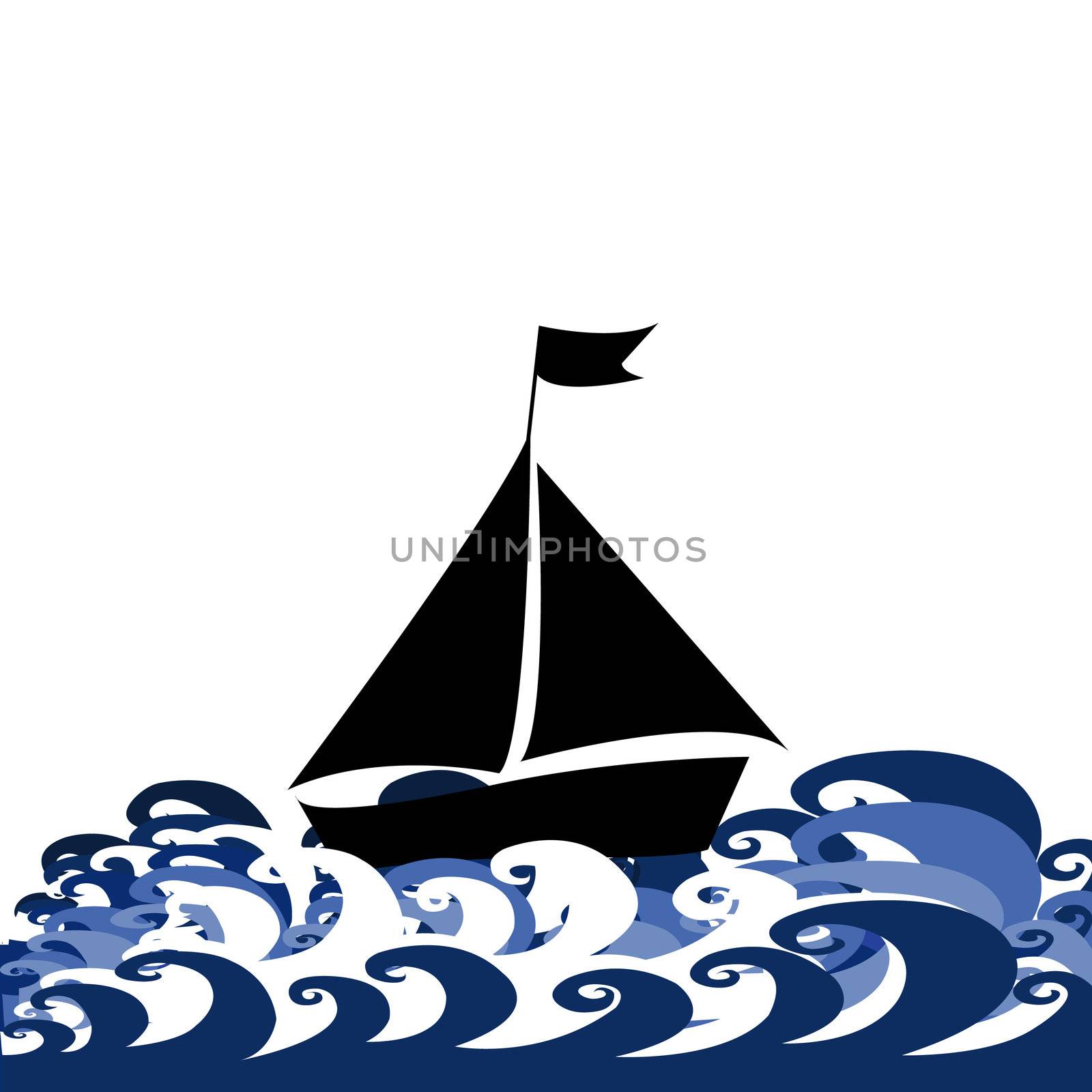 Illustration with sylized ship and waves