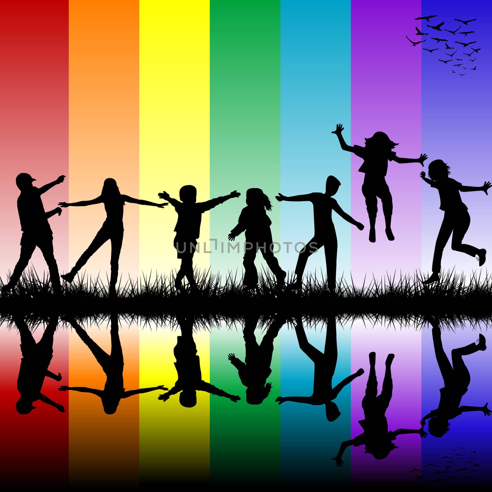 Children silhouettes over rainbow background
