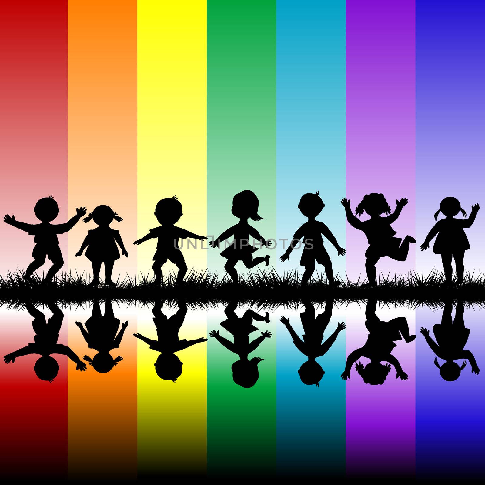 Kids playing over a rainbow background